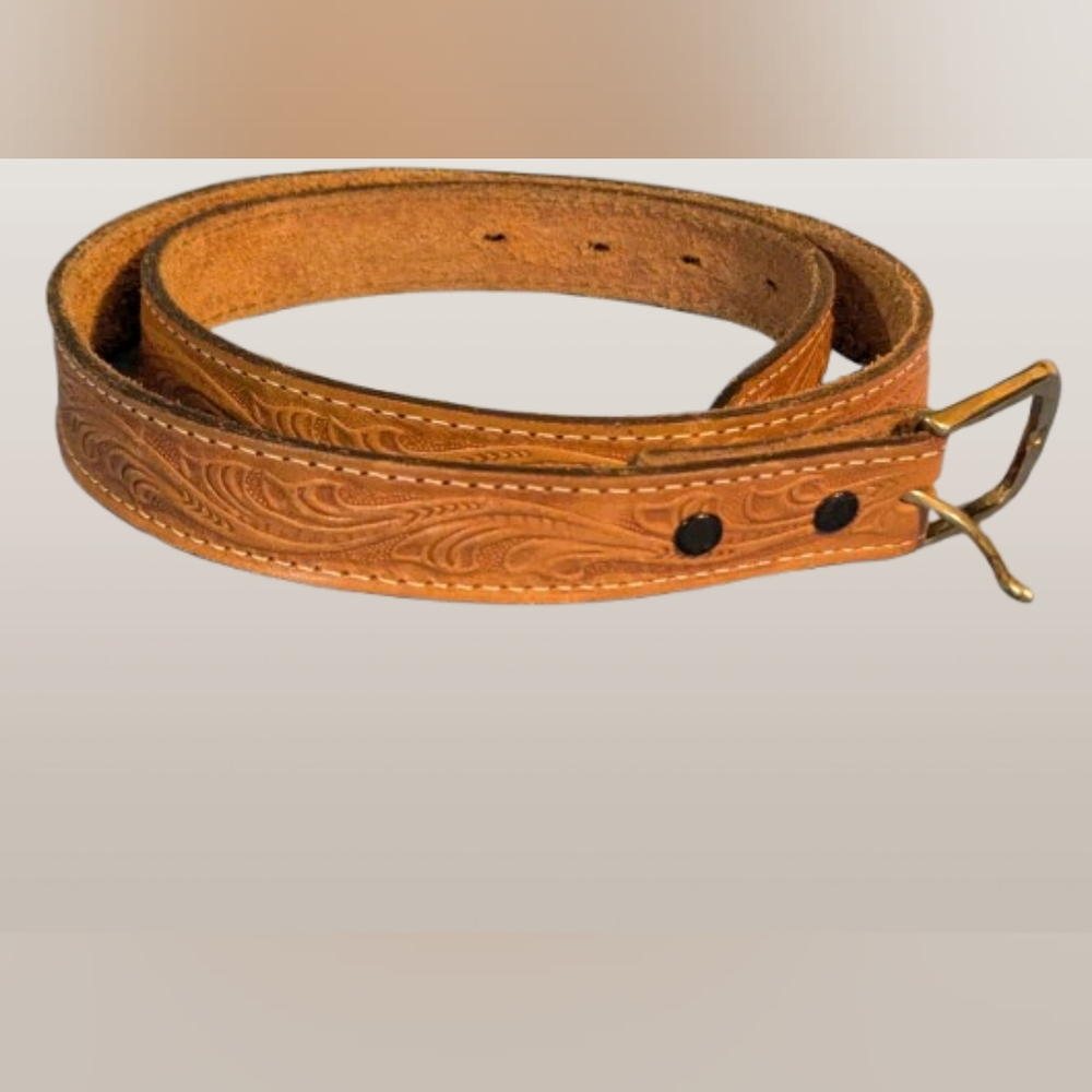 Vintage Artisan Hand Tooled Brown Leather Belt with Brass Buckle 36"